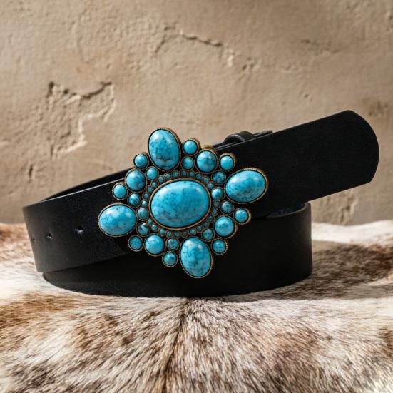 Western Belt Retro Turquoise Design Distressed Silver Buckle Faux Leather Wide Navajo Ethnic Style