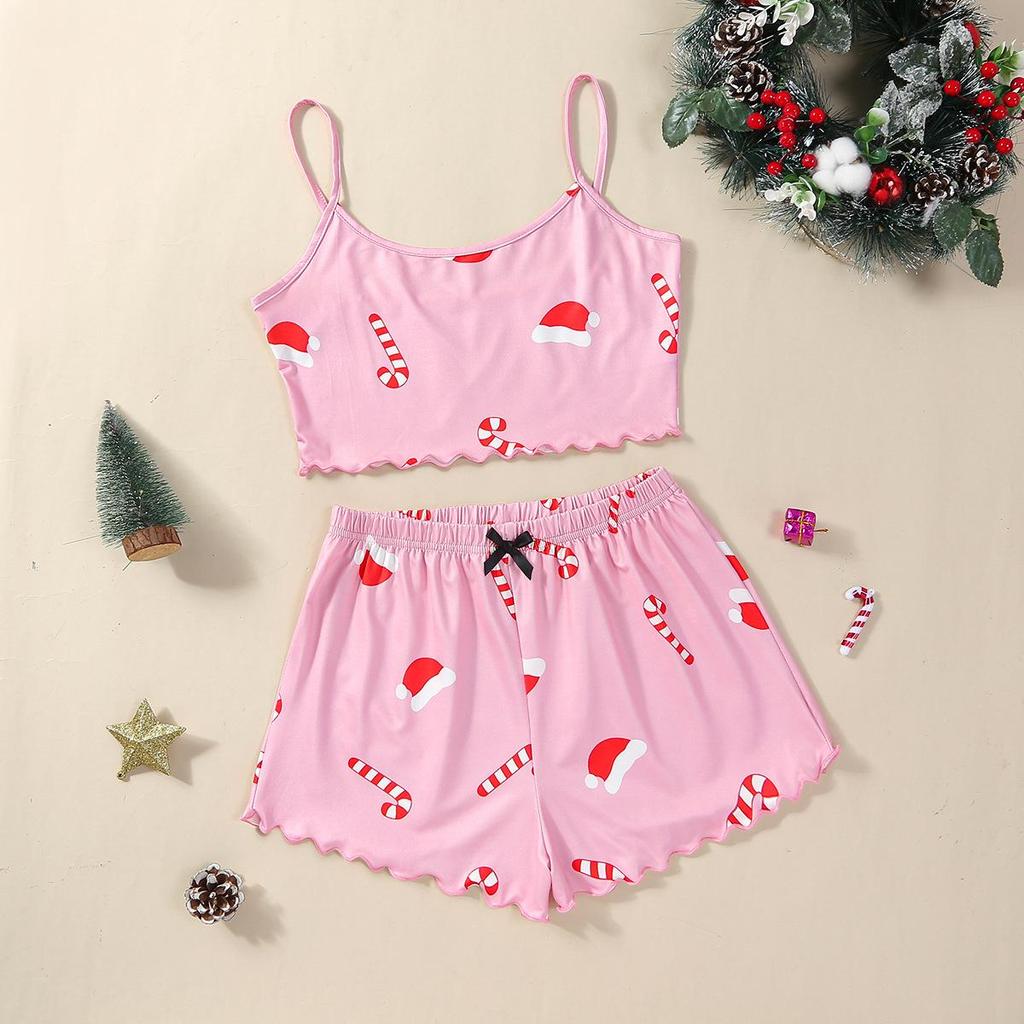Christmas Style Milk Silk Camisole and Shorts Two-Piece Pajama Set