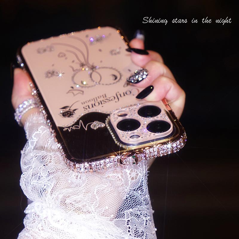 Snake Head Diamond Border Balloon Backboard with Acrylic Material Lens Film Case for iPhone 15 14Plus 13 12 11 Pro Max XSMax 8 7 Plus Protective Cover