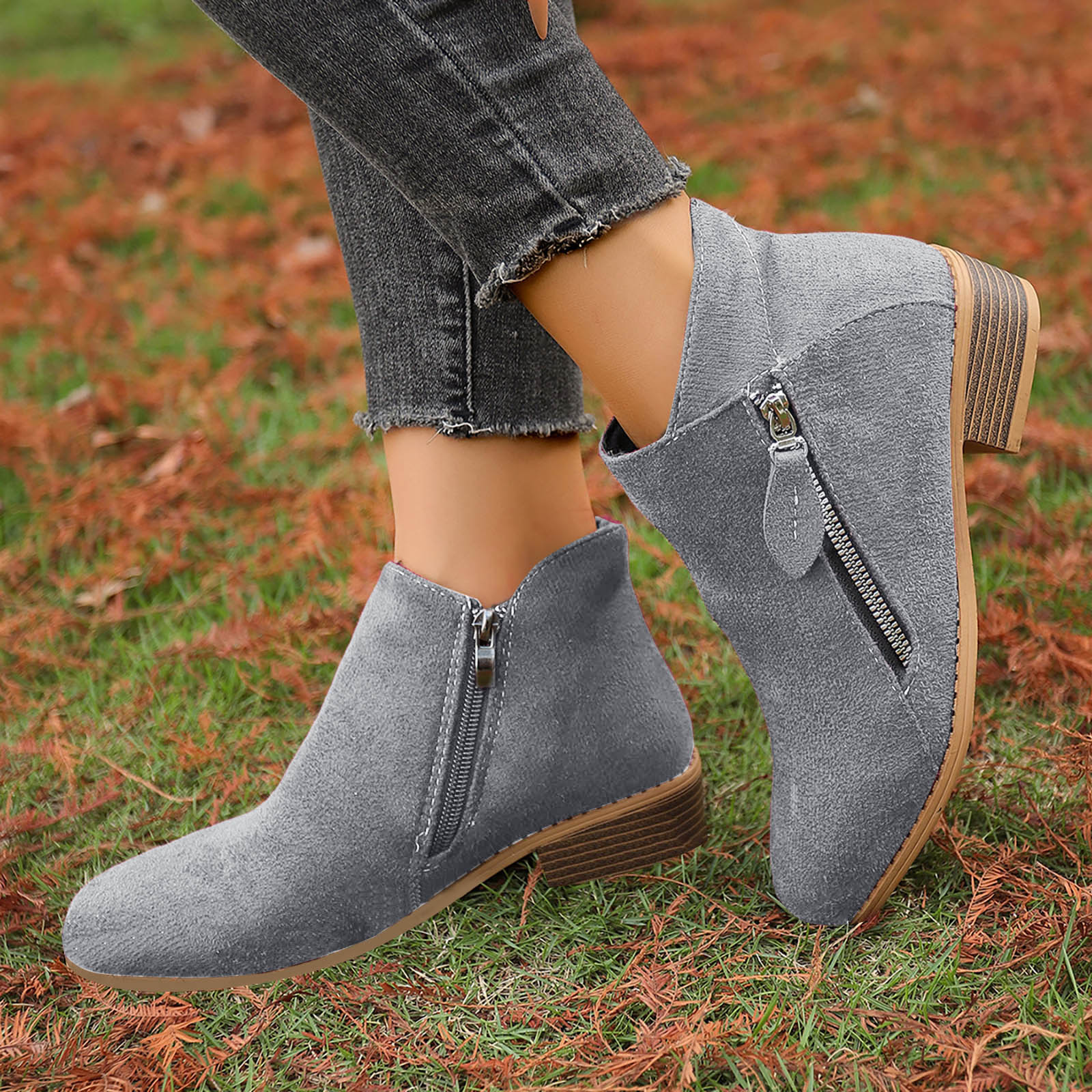 

Women s Fashion Comfortable Soft Sole Ankle Boots Outdoor Casual Suede Zipper Short Ankle Boots Boots for Women High Heel Wide 41 сірий