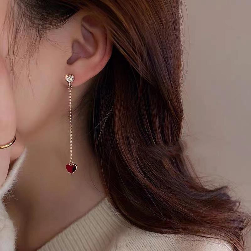 New Trendy Love Heart Zircon Tassel Earrings For Women Shiny Crystal Long Chain Asymmetric Dangle Earring Girl Party Jewelry