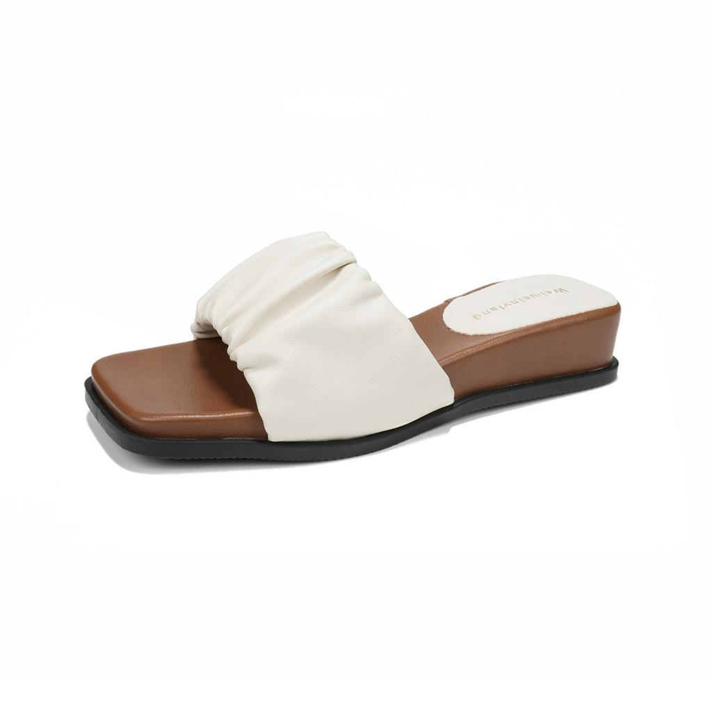 - Square Head Pleated Open-toed Slippers, Women's Summer Wear New Thick-soled Cool Slippers