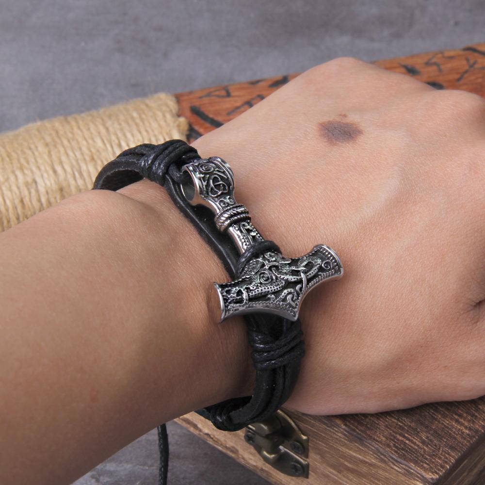 Pulsera Vikinga Hecha a Mano para Hombre Martillo de Thor Envolvente Cuero Accesorio Pirata Caja de Regalo para Hombre
