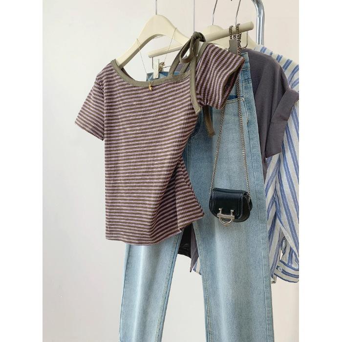Korean wear slanted shoulder striped front shoulder short-sleeved T-shirt women s summer new off-shoulder slim-fit top S фиолетовый