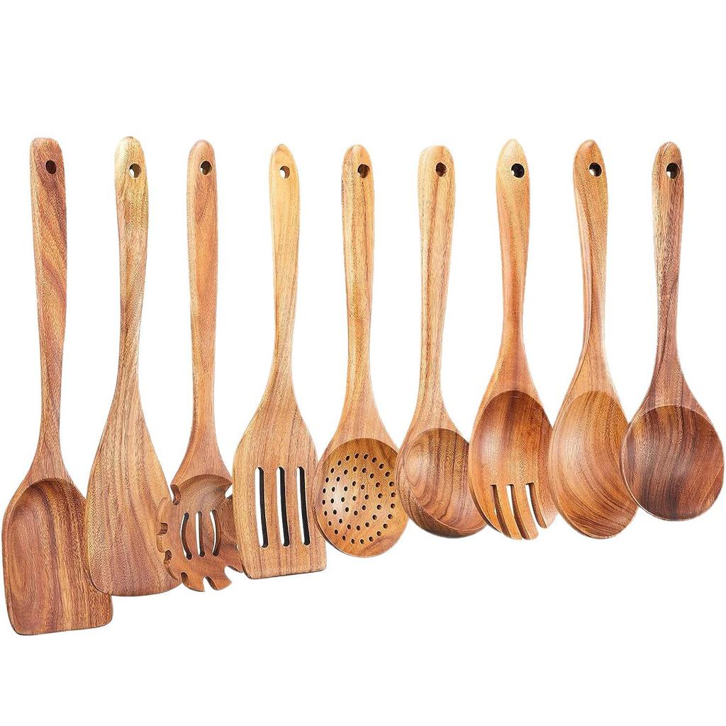 Teak Non-Stick Long-Handle Solid Wood Pan and Acacia Wood Kitchenware Set