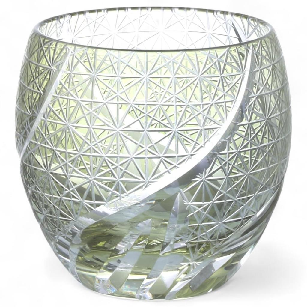 Mizukage Kiriko Glass Cup for X Ranbori Komon Current Model J-kitchens Egg-Shaped Sake, 5.5 5.9cm, 100cc, (Small Pattern), Green,