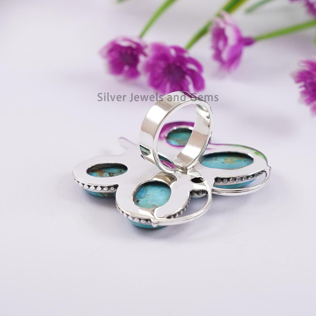 Natural Turquoise Butterfly Ring, Multi Stone Ring, 925 Sterling Silver Ring, Designer Ring, Anniversary Ring, Arizona Turquoise Ring
