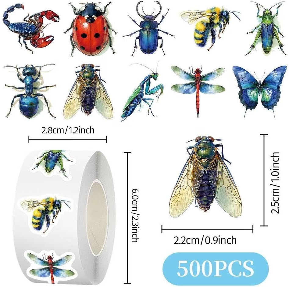 

Insect Sticker Roll, 500 Pieces, Colourful Bug Designs, Butterfly, Ladybug, Dragonfly, for Laptops and Water Bottles світло-сірого кольору