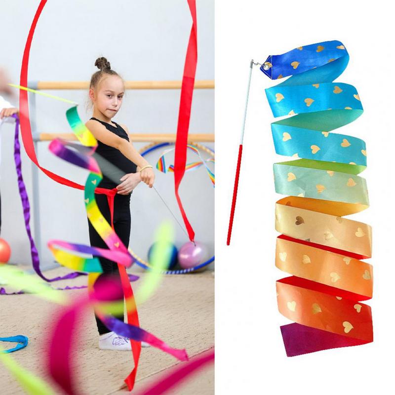 2M Colorful Dance Ribbons Heart Pattern Rhythmic Gymnastics Ribbon Ballet Streamer Twirling Rod Stick KidsGymnastics Props