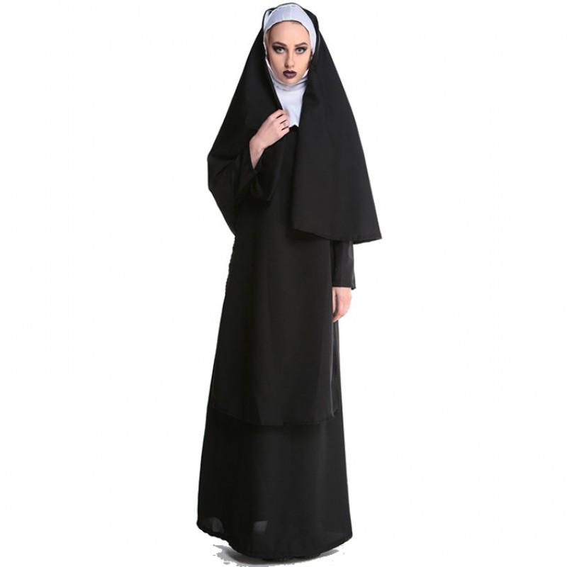 Halloween Nun Costume Adult Women Cosplay Party Stage Dress Black Milk Fabric