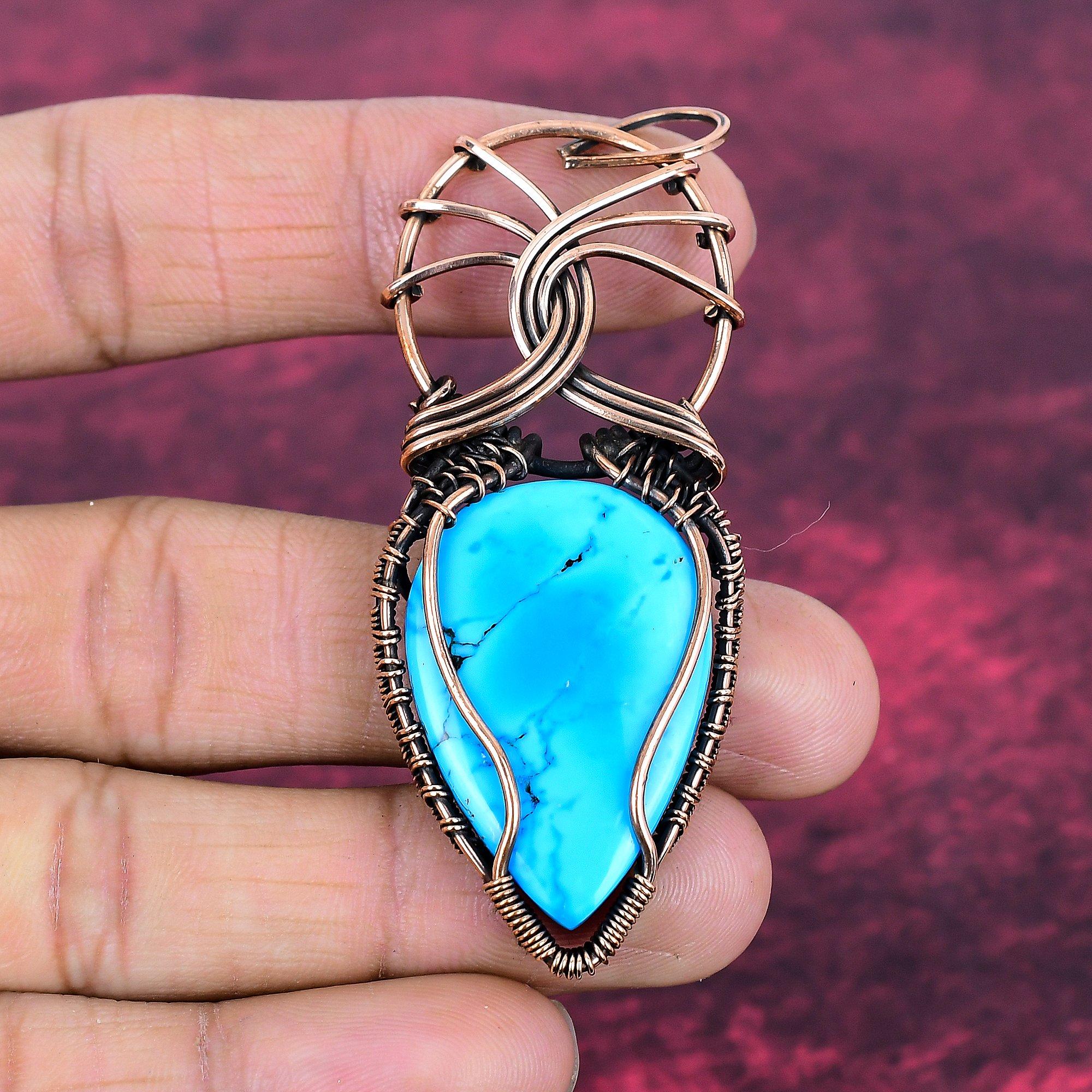 Tibetan Turquoise Pendant Copper Wire Wrapped Handmade Pendant Gemstone Jewelry