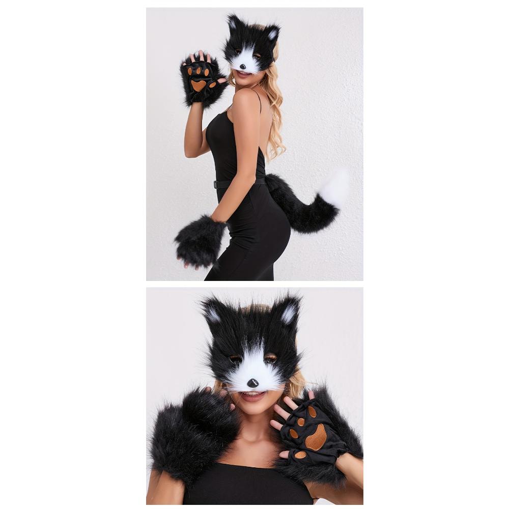 3-częściowy strój lisa na Halloween - pluszowy ogon, maska i rękawiczki | urocze akcesoria RPG o tematyce zwierzęcej na imprezy i COSPLAY na żywo