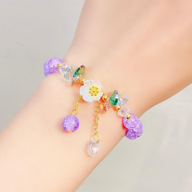 Cute Kids Glass Beaded Bracelet Princess Cartoon Crystal Flower Charm Bangle Handmade Jewelry Gift For Girls Students