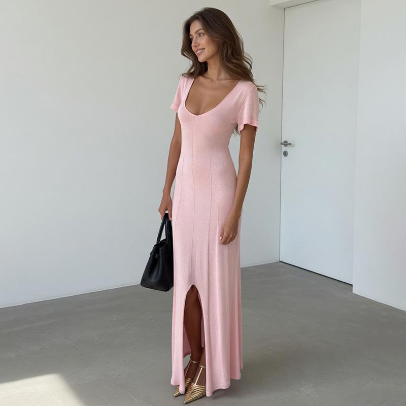 Sundresses for Women Long Dress 2026 Summer V-Neck Short Sleeve Knit Slit Maxi Dress Fashion Bodycon Maxi Dress Beach Vacation Clothes