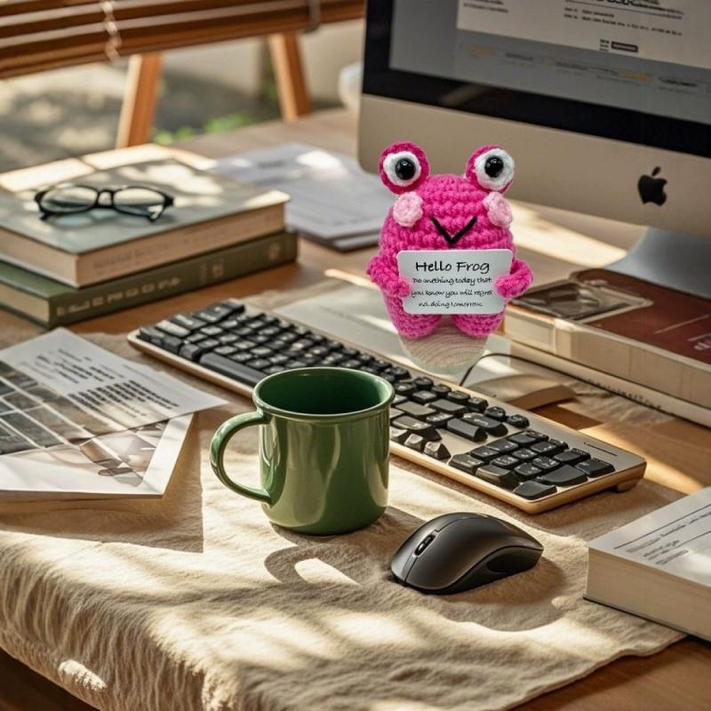 Cute Handwoven Knitted Positive Energy Frog Dolls With Card Funny Crochet Emotional Support Animal Frog Desktop Ornament Gifts