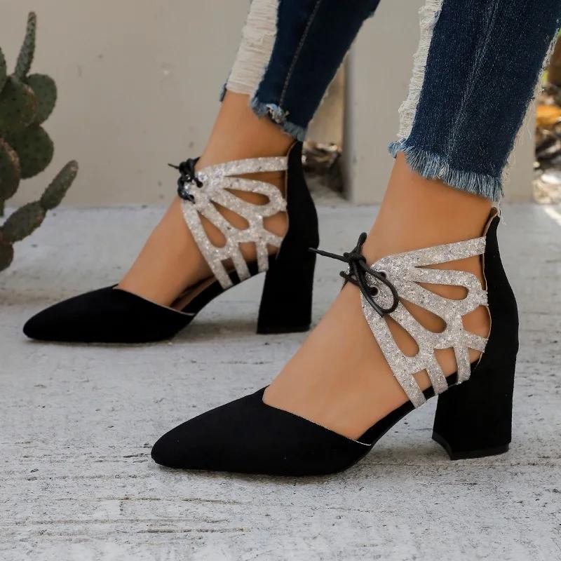 Fashion Ladies Shoes Lace-up Women's High Heels  Plus Size Shallow Office and Career New Color Matching Heels Women