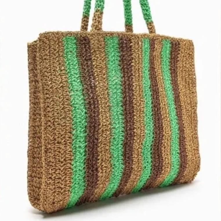 Contrasting Paper Rope Striped Straw Bag Versatile Handwoven Bag Holiday Beach Bag Large Capacity Shoulder Tote Bag