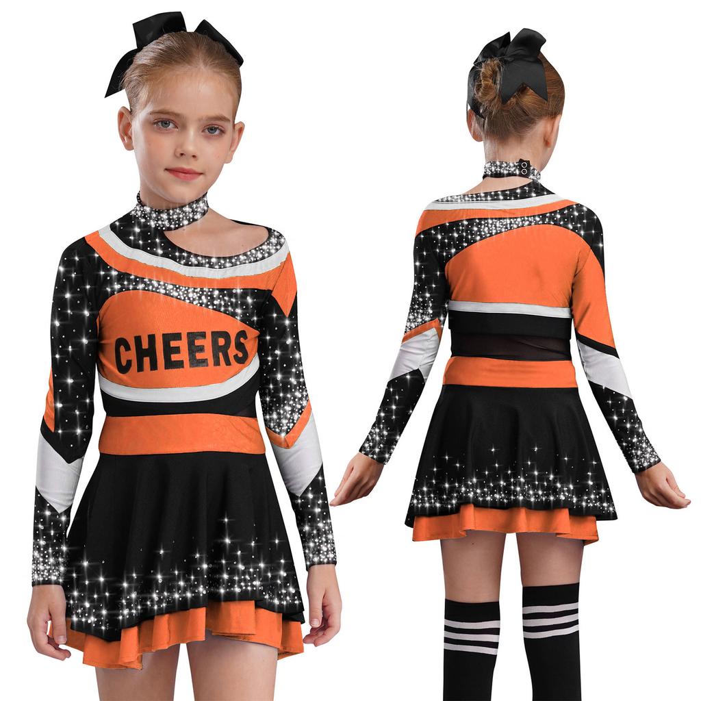 Varsity Style Cheer Uniform for Kids: Long Sleeve Rhinestone Top with School Letter & Contrast Skirt for Performance