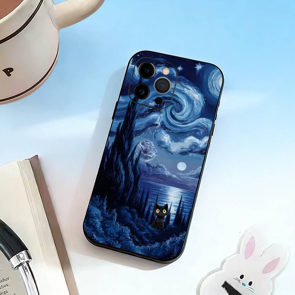 Van Gogh Chibi Cat  Phone Case Silicone Soft For IPhone 17 16 15 14 13 12 11 X XR Plus Pro Max Plus