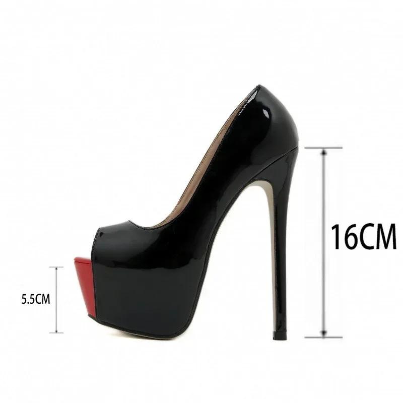 Móda Vysoká Kvalita Sexy Peep Toe 16CM Extrémně Vysoké Podpatky Dámské Červené Černé Lakovaná Kůže Párty Banket Stiletto Boty Platformové Lodičky