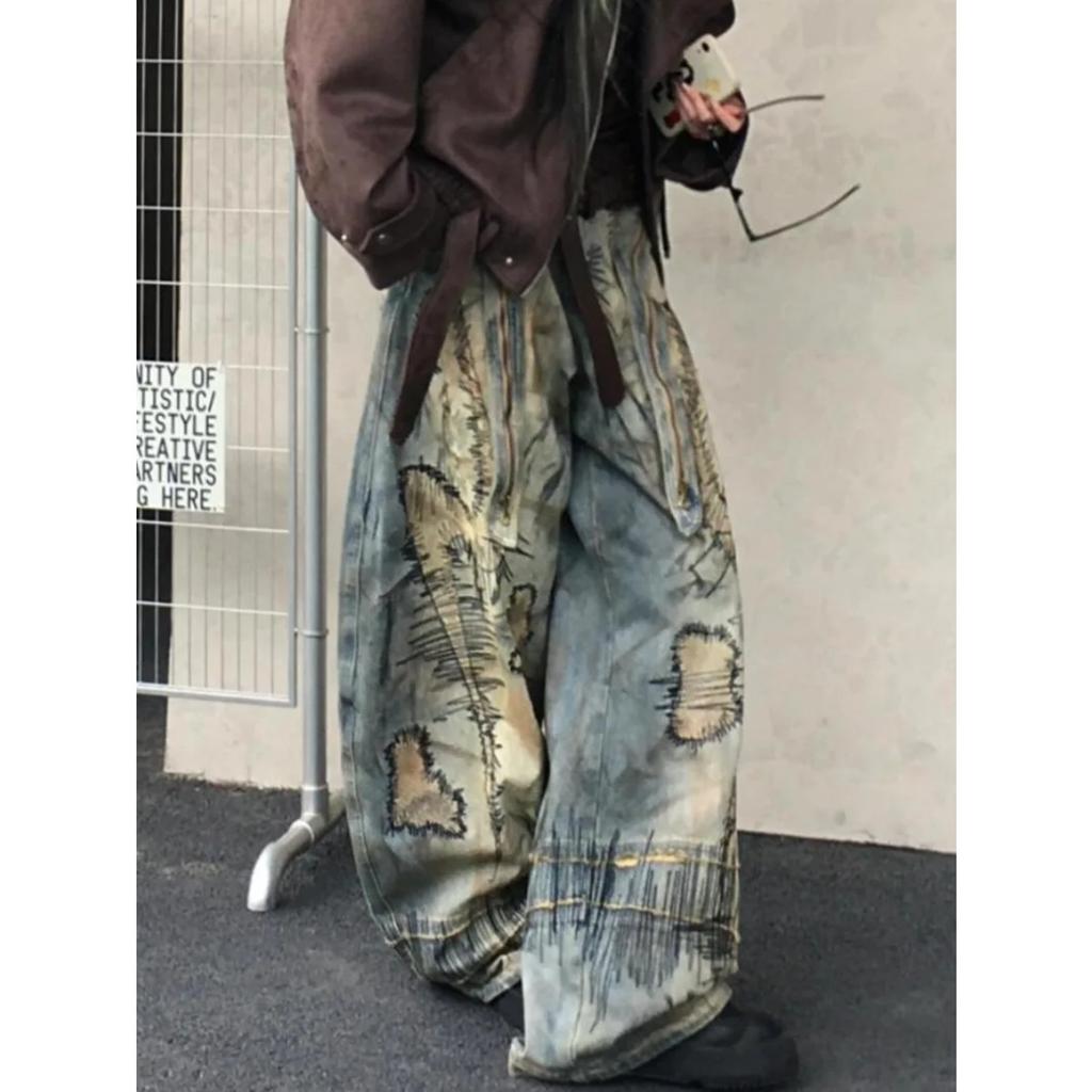 LUXEON American Street Destruction Style Embroidered Denim Pants Oversized Retro Wash Personality Fashion Loose Casual Wide Leg Jeans