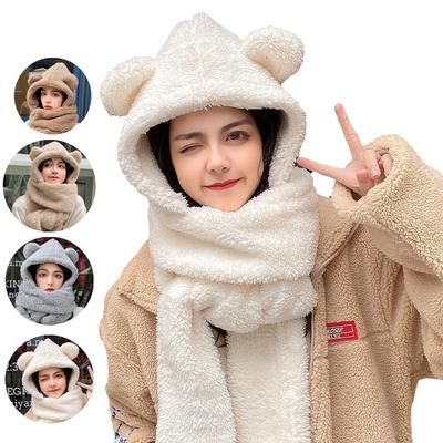Winter Bear Earmuffs Scarf Mittens Set Thermal Plush Fleece Lined Connected Hat with Scarf and Gloves for Cold Weather Girls