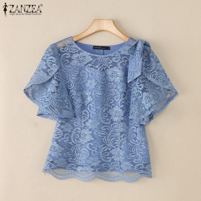 ZANZEA Women Casual Round Neck Short Sleeve Patchwork Lace Blouse