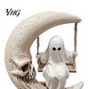 Handmade Resin Craft Halloween Ghost Swing Figurine, Spooky On A Moon Statue, Creative Sculpture Gothic Home Decoration for Desktop, Mantel,