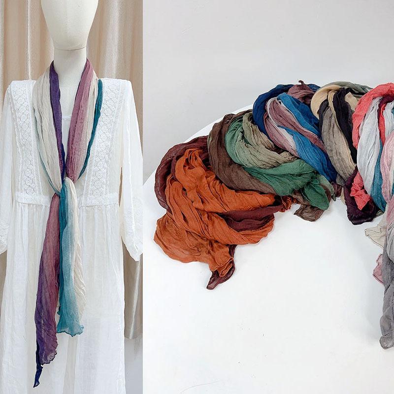 Retro Pleated Color Matching Gradual Change Scarf Soft Versatile Slender Silk Scarf Women'S Warm Neck Scarf Shawl