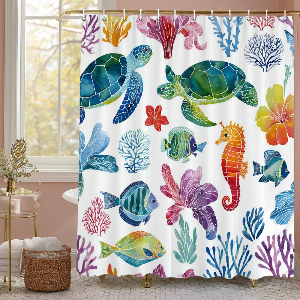 Ocean Shell Shower Curtain, Ocean Beach Shell Starfish Summer Bathroom Decorative Shower Curtain, Waterproof Shower Curtain