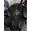 Gewaschenes Baumwoll-T-Shirt mit weißem Rosenprint, elegantes florales Grafik-T-Shirt, lässig, locker, kurzärmelig für Streetwear