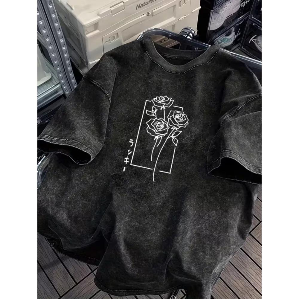 Gewaschenes Baumwoll-T-Shirt mit weißem Rosenprint, elegantes florales Grafik-T-Shirt, lässig, locker, kurzärmelig für Streetwear
