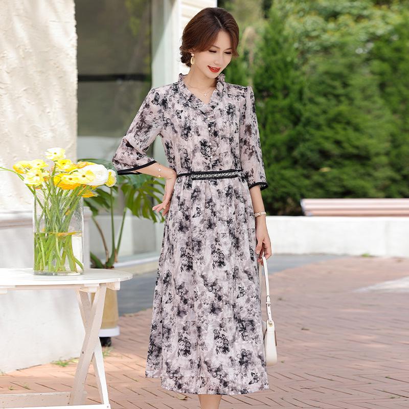 Elegant Summer Mid-Sleeve Dress for Middle-Aged & Elderly Women