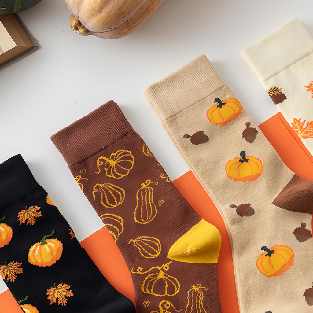 Autumn-Inspired 5 Pairs of Knee-Length Socks with Cartoon Squirrels and Pumpkins Design, Comfortable Fit Polyester Blend with Stretch