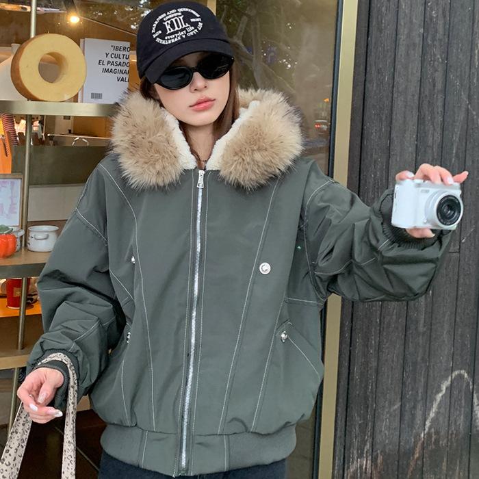 Black pie overcomes American cotton-padded women's winter new small man big fur collar hooded cotton-padded vintage coat