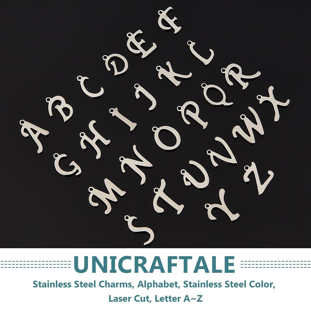 2 Sets 201 Stainless Steel Charms Alphabet Stainless Steel Color Laser Cut Letter A~Z 10~13x6~14x1mm Hole: 1mm 26pcs/set