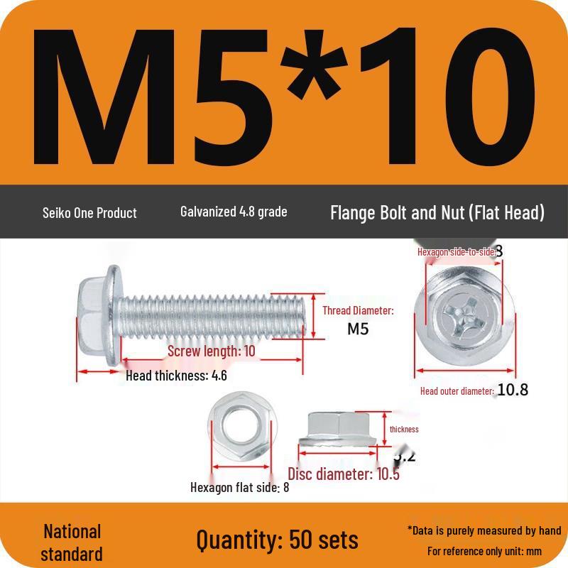 4.8 Grade Galvanized Hex Bolt Set with Anti-slip Washer & Nut, Cross Flange Head, M4/M5/M6/M8mm