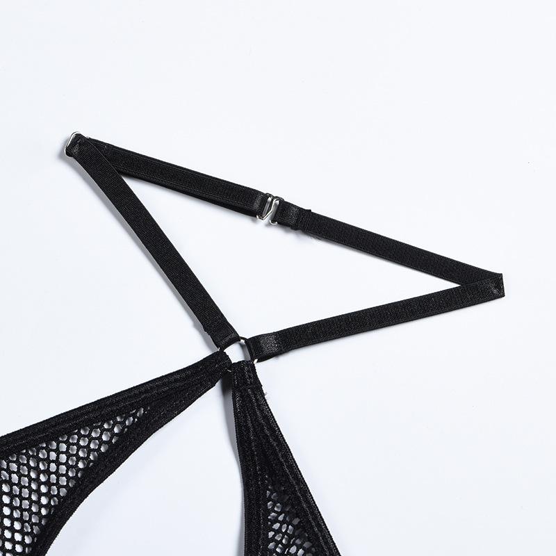 Aduloty Ladies Sexy Lingerie Mesh Hollow Perspective Thin Section Summer Erotic Underwear Underwire Hanging Neck Sling Bra Set