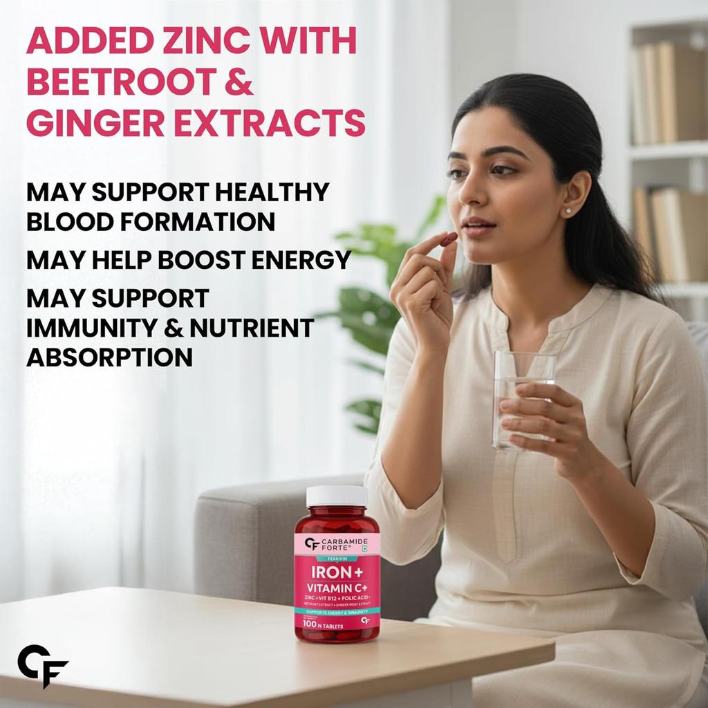 Carbamide Forte Iron Supplement Tablets for Women & Men with Folic Acid, Vitamin C, B12, Zinc – 100 Veg Tablets