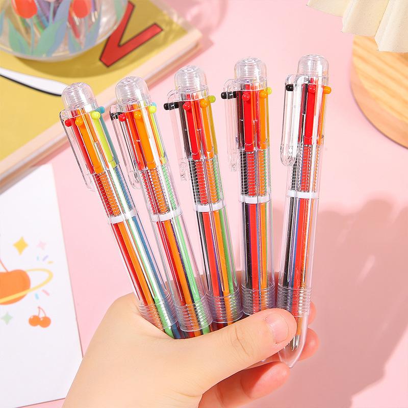 Cute Cartoon Multi-color 6-color Ballpoint Pen Press Pen Colorful Medium Oil Pen Stationery Switch Easily
