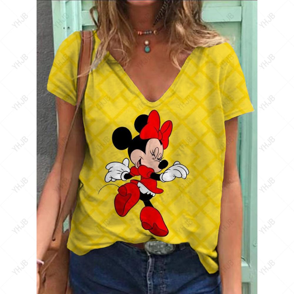 Sommer Ny Mote Dame V-hals Topp Kort Ermet T-skjorte Disney Mikke Mus Trykk Casual Gate Allsidighet Y2K Oversize-5XL