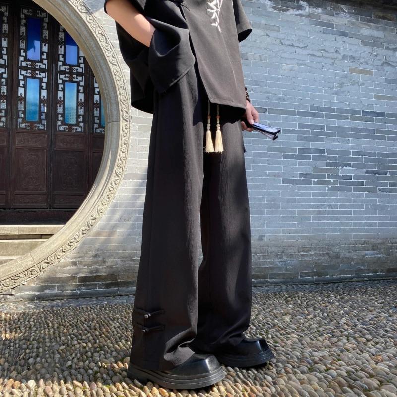 

Men Summer Chinese Style Wide Leg Pants Beige Tassel Casual XXXL чорний