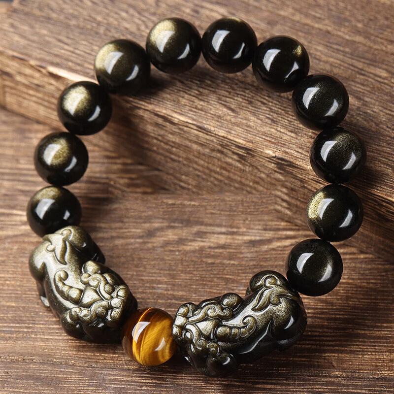 Natural Gold Obsidian Pixiu Bracelet8-16mm Men's and Women's Smooth Curved Leather Beaded Bracelet with East China Sea Crystal