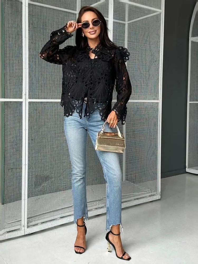 Retro Shirt For Women, Design Sense, Hollow Ruffled Long Sleeves, Temperament, Fashionable Stand Collar Shirt