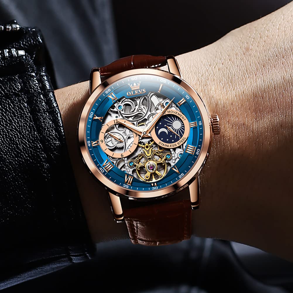 OLEVS Men's Mechanical Automatic & Manual Winding Leather Watch, Fashionable Men's Watch, Leather Skeleton, Moon Phase Display, Luminous Moon