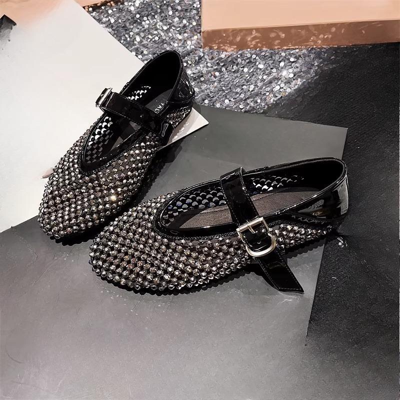 Fashion New Rhinestone Full Diamond Fishing Net Hollowed Out One Word Mary Zhen Baotou Flat Single Shoes Round Toe Sandals for Women