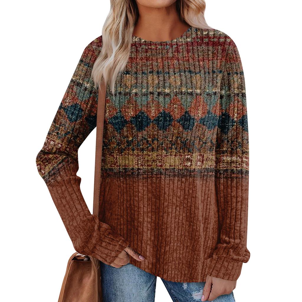 Women's Printed Lightweight Brushed-Cotton Round Neck Top