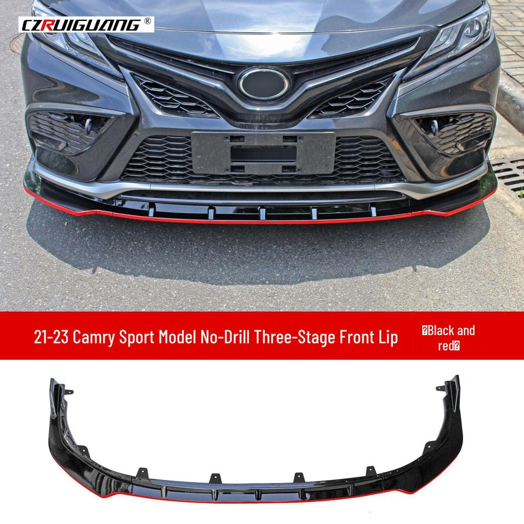 Compatible Accessories for 2021-2023 Toyota Camry: Front Lip, Rear Spoiler, Roof Spoiler, Side Skirts, Rear Bumper Corners, and Louvers.