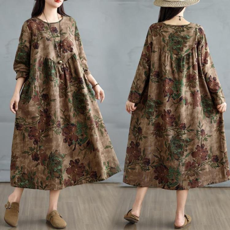 Spring Floral Print Vintage Plus Size Women Dress Long Sleeve Oversize Maxi Loose Basic Casual Long Dress