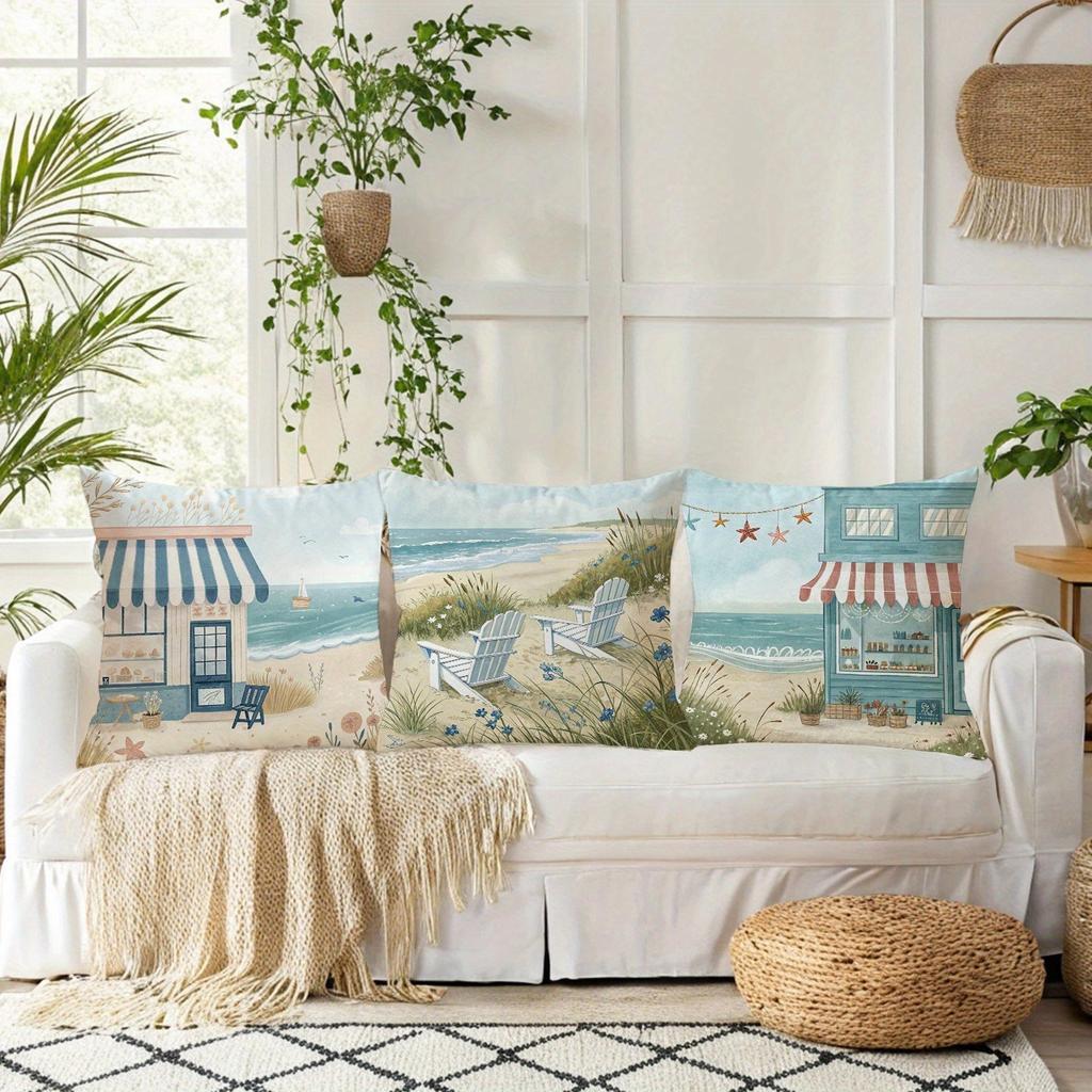 Charming Seaside Retreat Pillow CoversLiving Room Sofa Cushion Cover, Soft and Comfortable, Bedroom Room Decoration